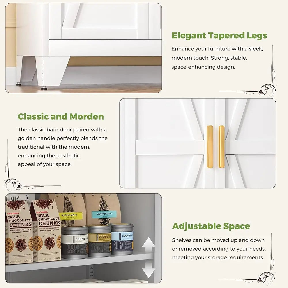 White Farmhouse Storage Cabinet With 2 Barn Door, 3 Adjustable Shelves And Legs