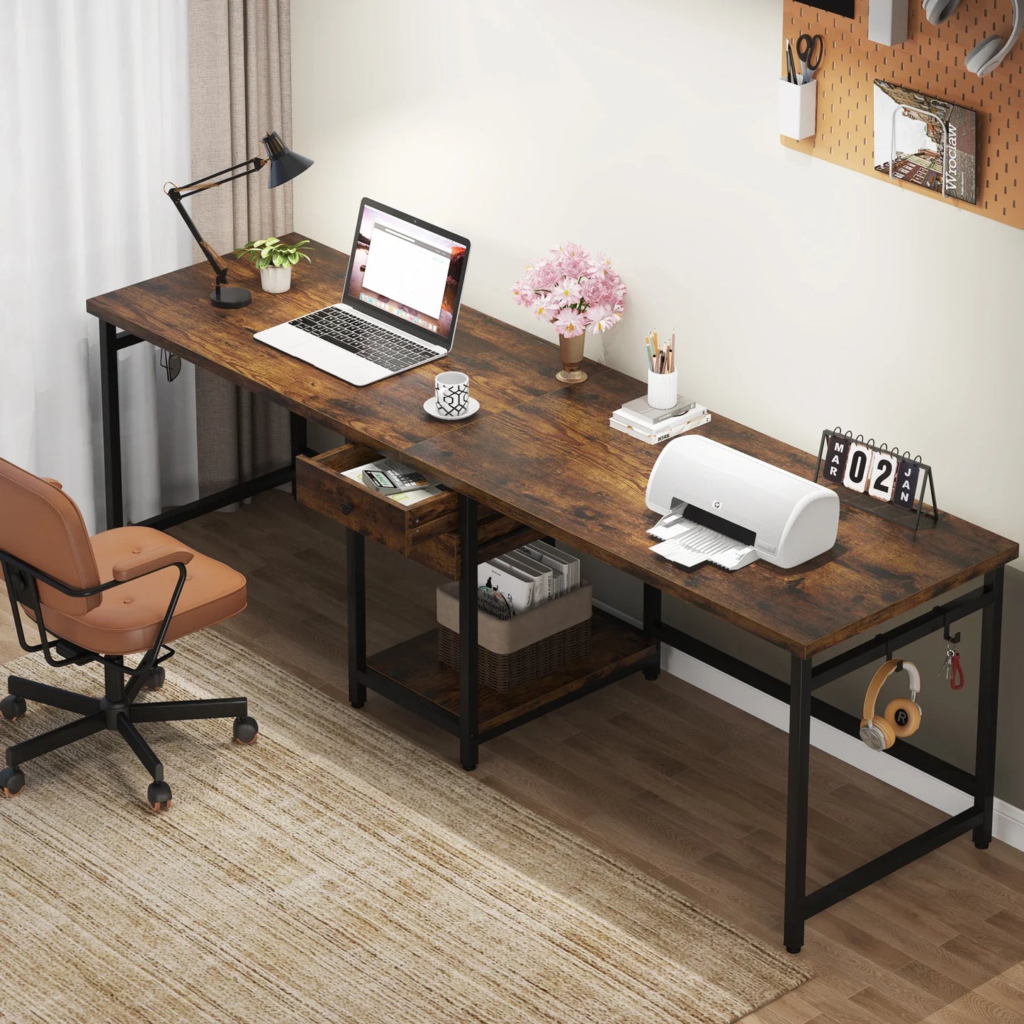Two Person Desk with 2 Drawers, Long Double Computer Desk