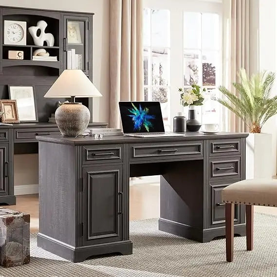 Farmhouse Computer Desk with Drawers and Cabinet