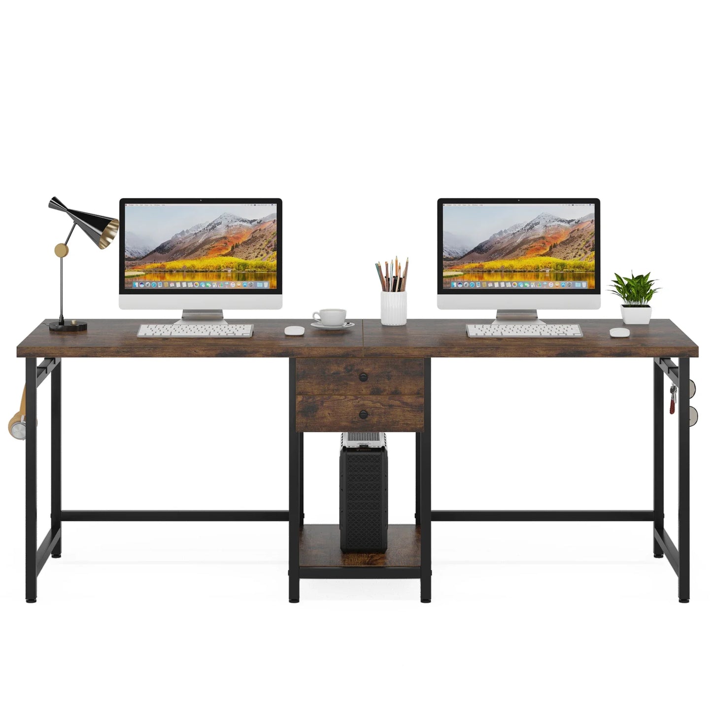 Two Person Desk with 2 Drawers, Long Double Computer Desk