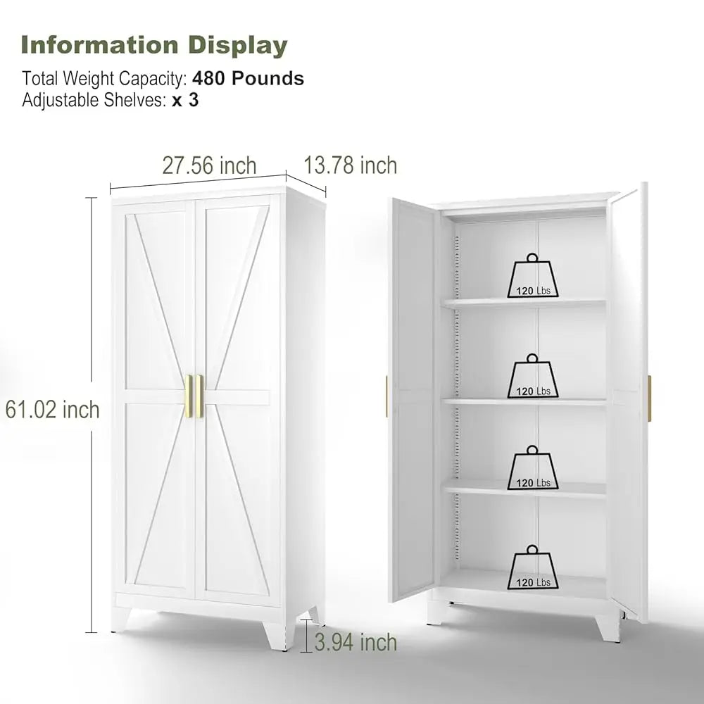 White Farmhouse Storage Cabinet With 2 Barn Door, 3 Adjustable Shelves And Legs