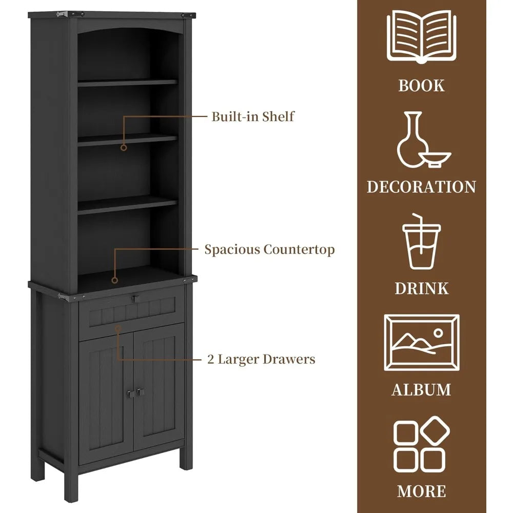 71" Tall Bookcase Set of 2, Farmhouse Book Shelf with Storage Cabinet
