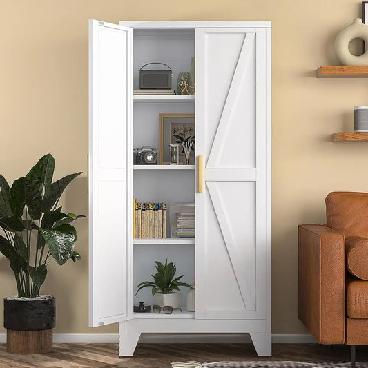 White Farmhouse Storage Cabinet With 2 Barn Door, 3 Adjustable Shelves And Legs