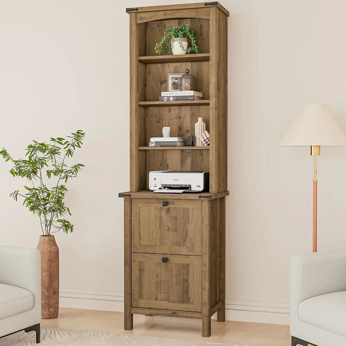 71" Tall Bookcase Set of 2, Farmhouse Book Shelf with Storage Cabinet