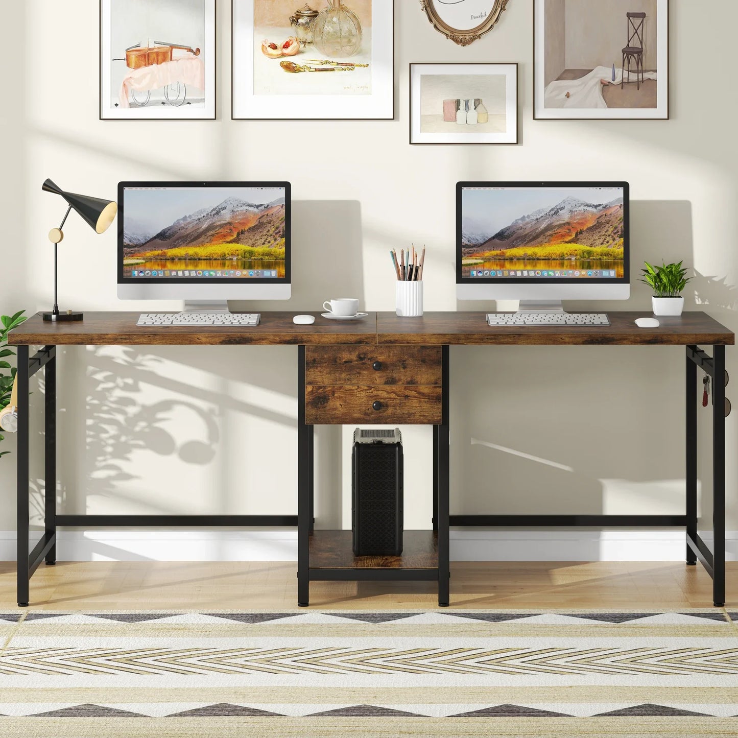 Two Person Desk with 2 Drawers, Long Double Computer Desk