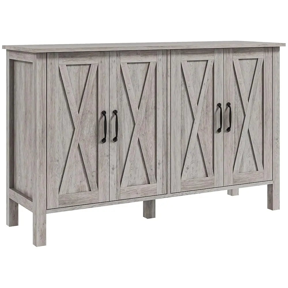 Buffet Cabinet, 47"" Sideboard With 4 Barn Doors And 2 Adjustable Shelves, Farmhouse Coffee Bar Cabinet, Gray Wood Grain