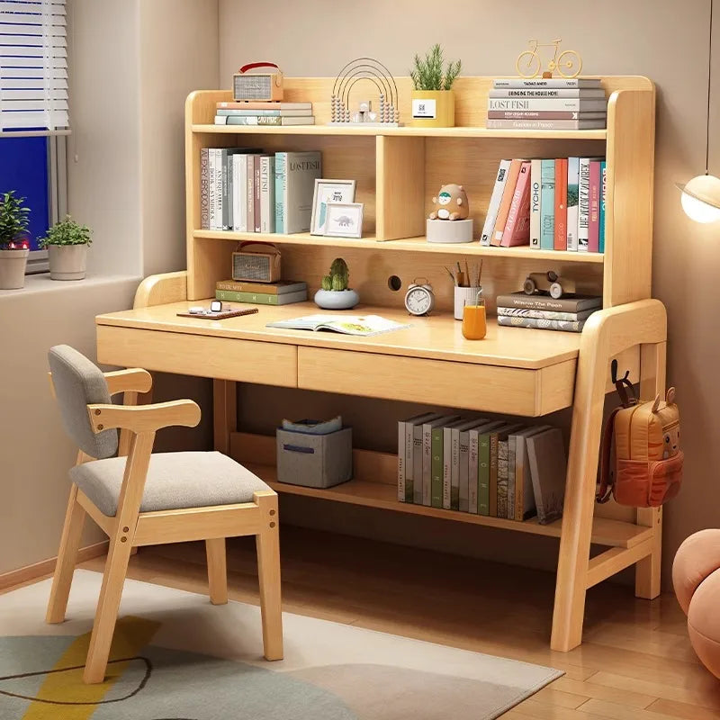 Solid wood desk bookshelf integrated with chair