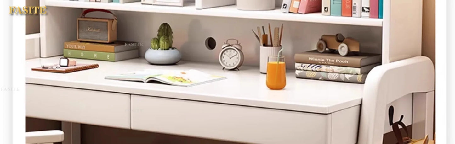 Solid wood desk bookshelf integrated with chair