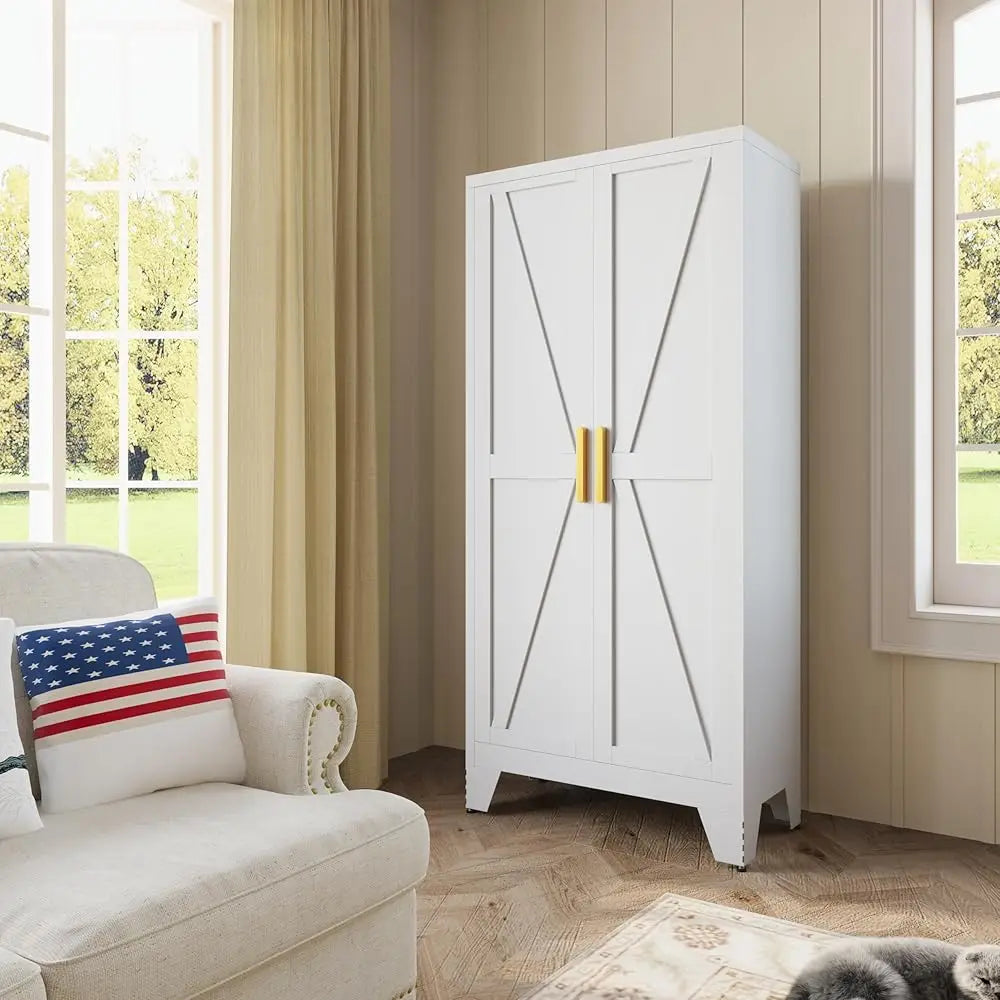 White Farmhouse Storage Cabinet With 2 Barn Door, 3 Adjustable Shelves And Legs