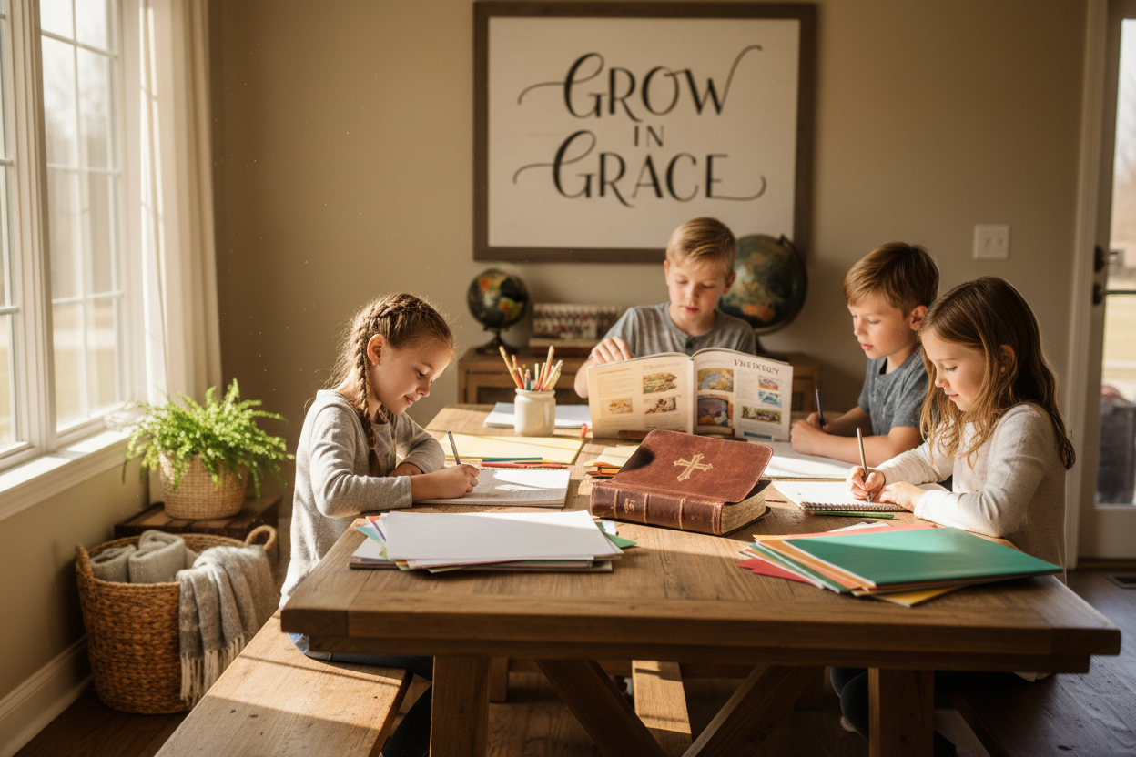 A warm, faith-based homeschool scene with natural sunlight streaming through a window. A wooden table with children learning together, open books, notebooks, pencils, and art supplies neatly arranged. A Bible rests gently on the table, symbolizing faith and God’s provision. Cozy, peaceful atmosphere, soft earth tones, realistic photography style, inviting and heartfelt, suitable for a Christian homeschool business website. make it a small image for the about us section 