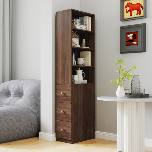 -Tier Shelf, 3 Side Drawers , Modern Wooden Tall Bookshelf Bookcase