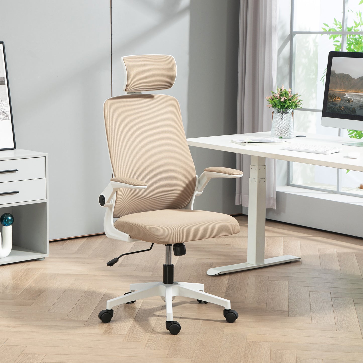 Ergonomic Desk Chair With Flip-up Armrest, Rotatable Headrest, Adjustable Lumbar Support, Khaki
