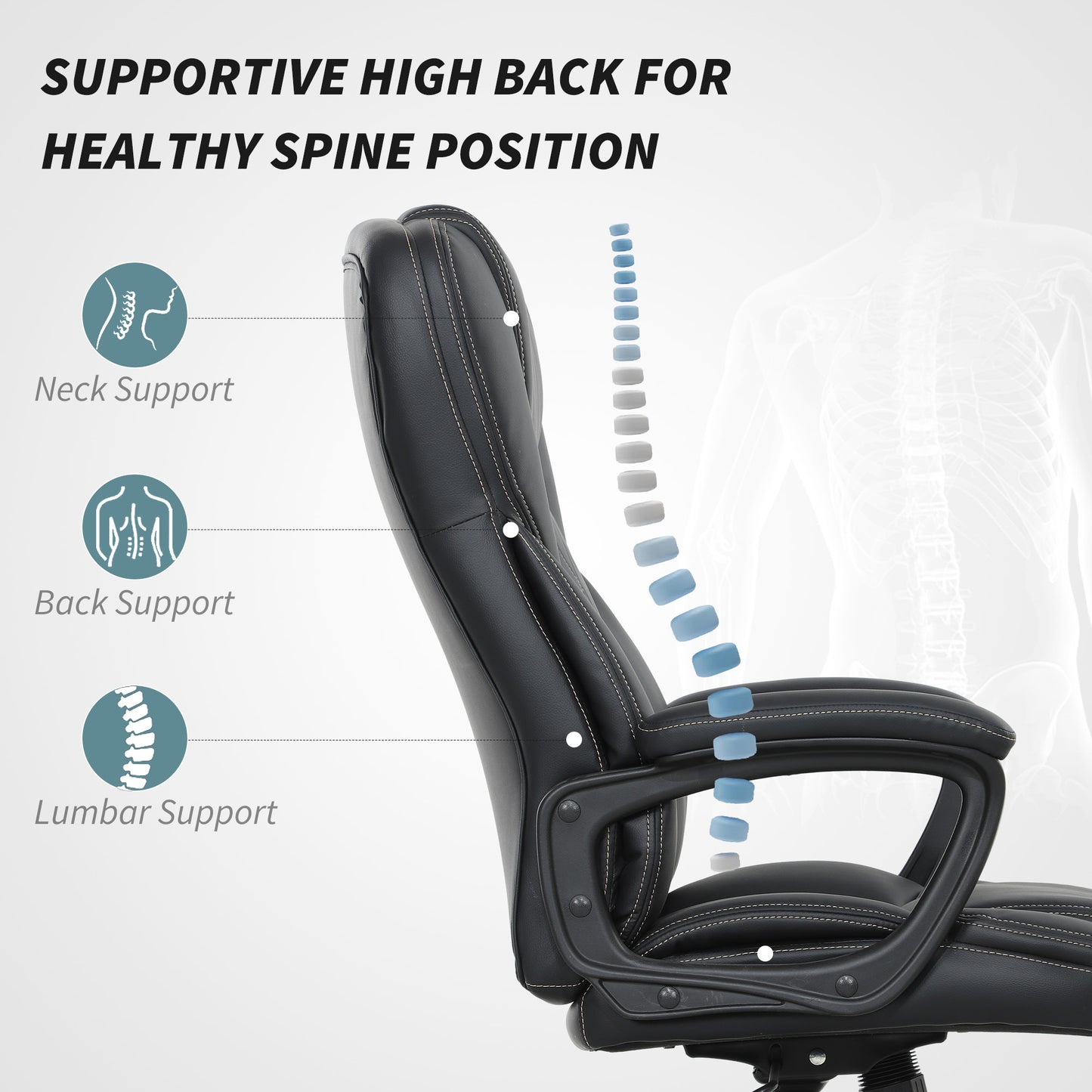 Leather Executive Desk Chair With Adjustable Height And Swivel Wheels, Black