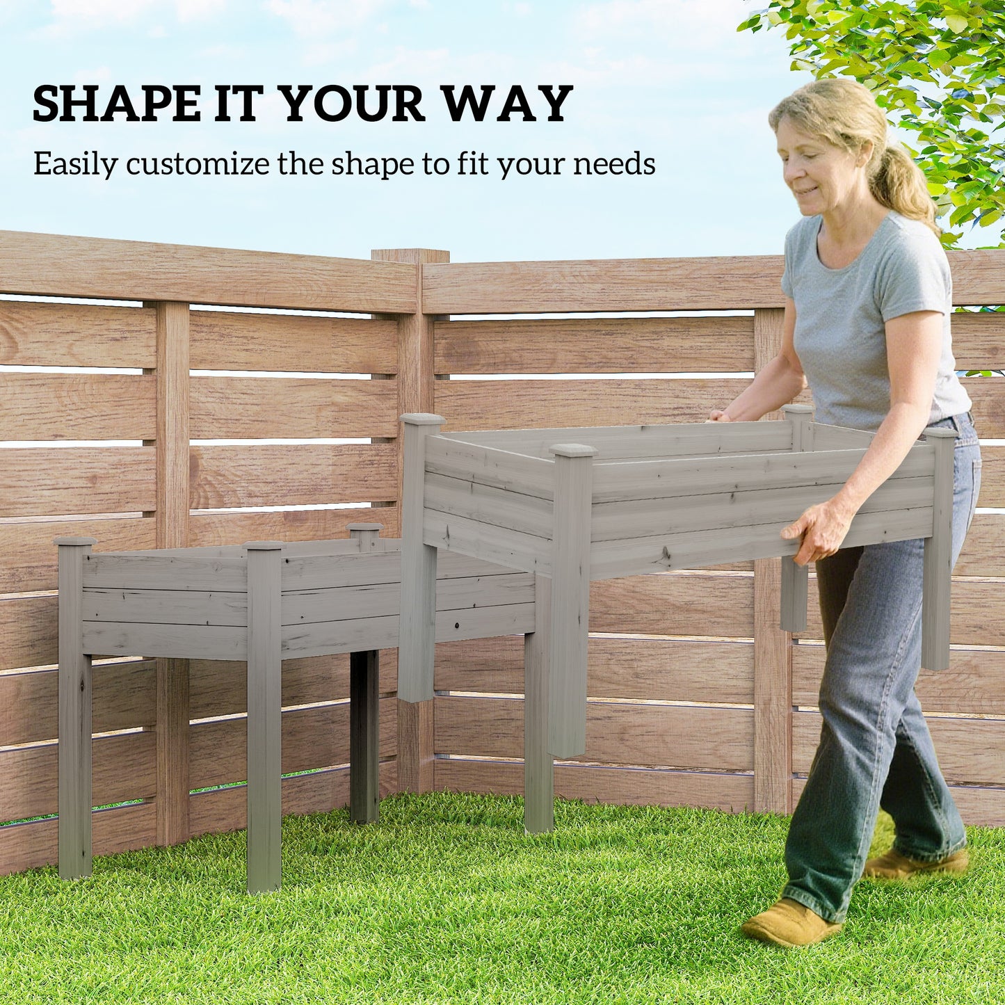 2 Tier Raised Garden Bed, Wooden Elevated Planter Box with Legs, Outdoor Plant Bed for Flowers Vegetables Herbs Gray