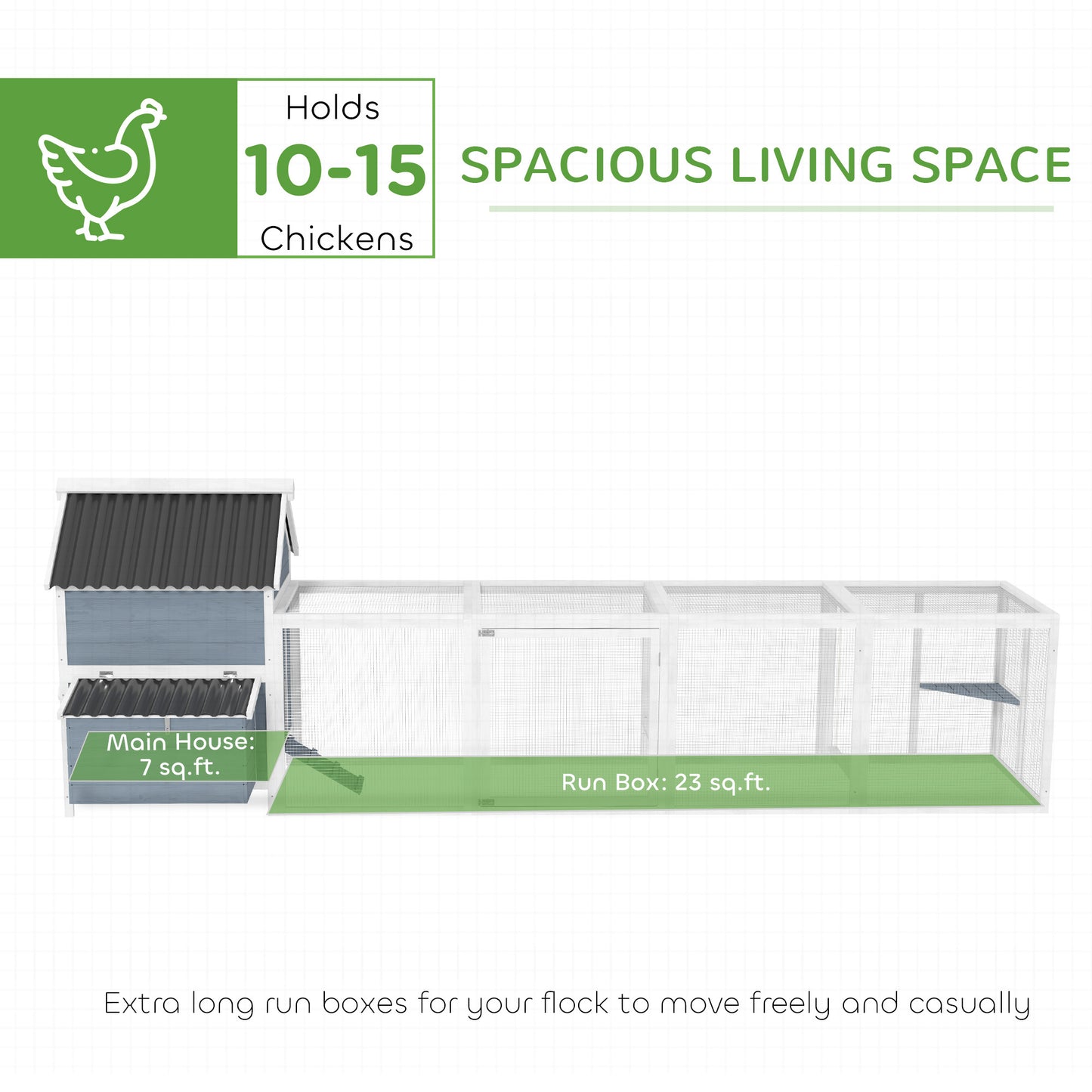 Extra Large Wooden Chicken Coop With 2 Nesting Box, Run Cage, Waterproof Wave Roof, For 10-15 Chickens, Light Gray