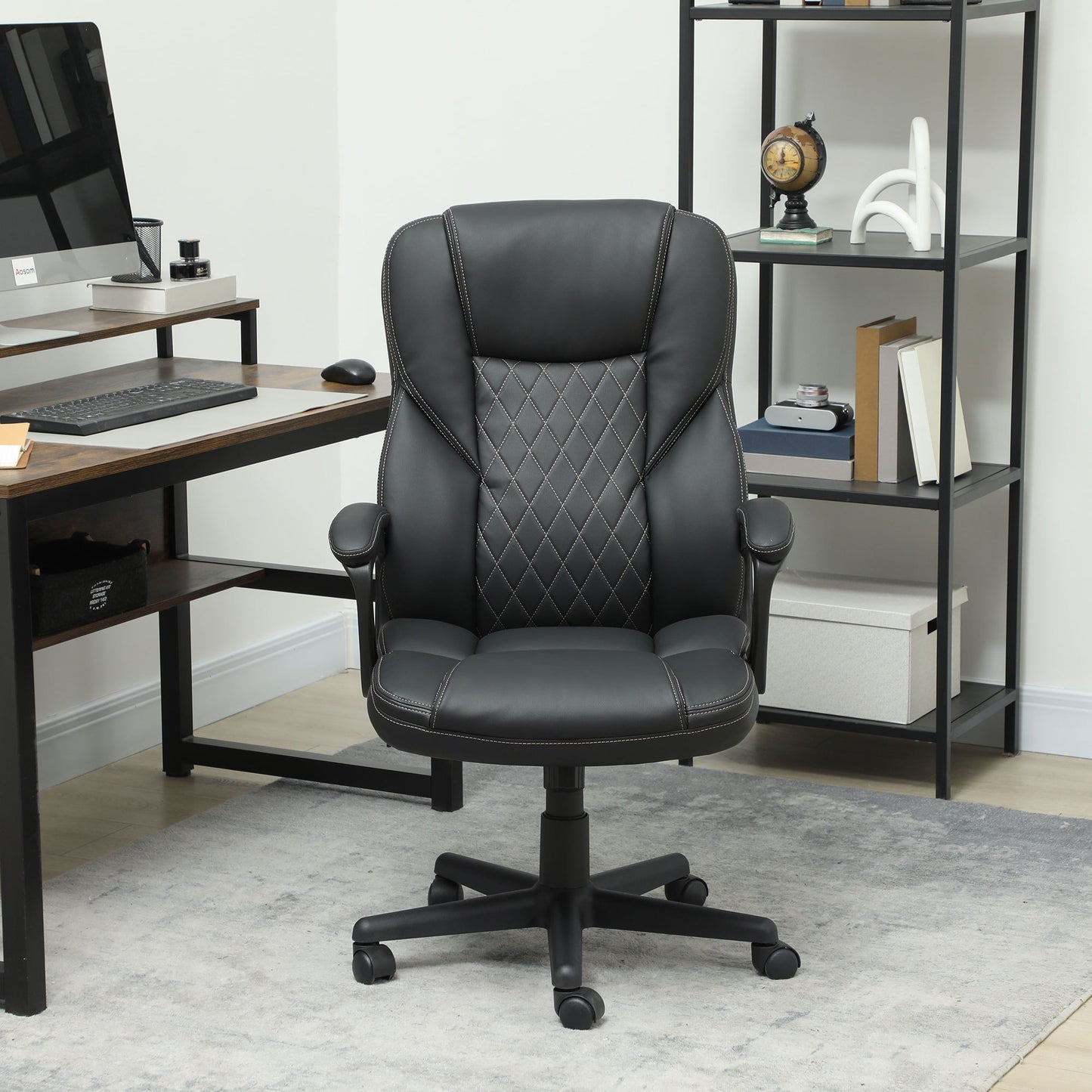 Leather Executive Desk Chair With Adjustable Height And Swivel Wheels, Black