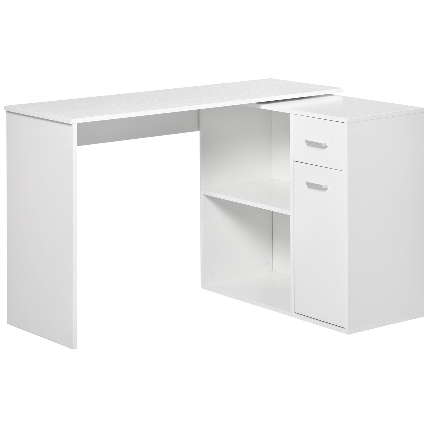 L-Shaped White Computer Desk With Rotating Shelves And Drawer