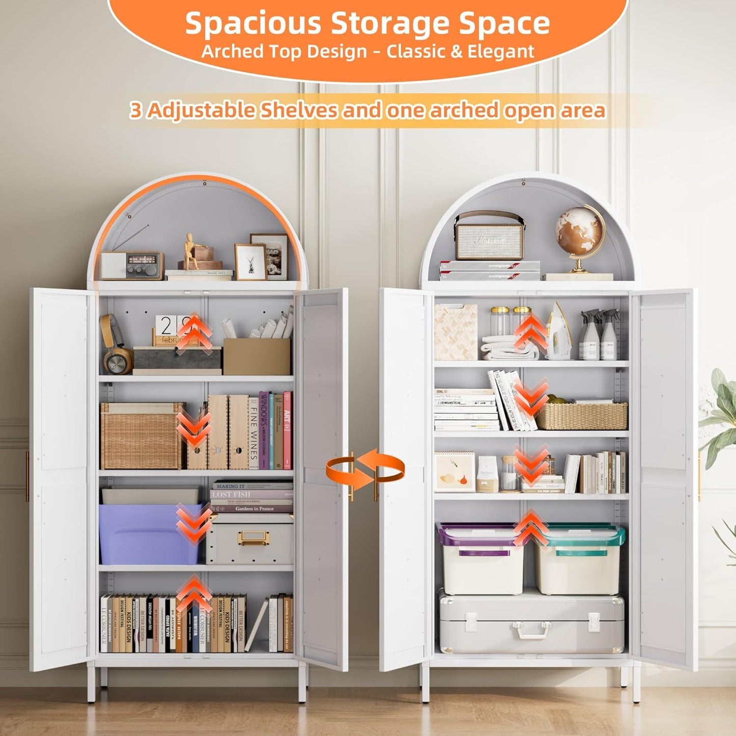 Tall Arched Storage Cabinet With Doors And Shelves