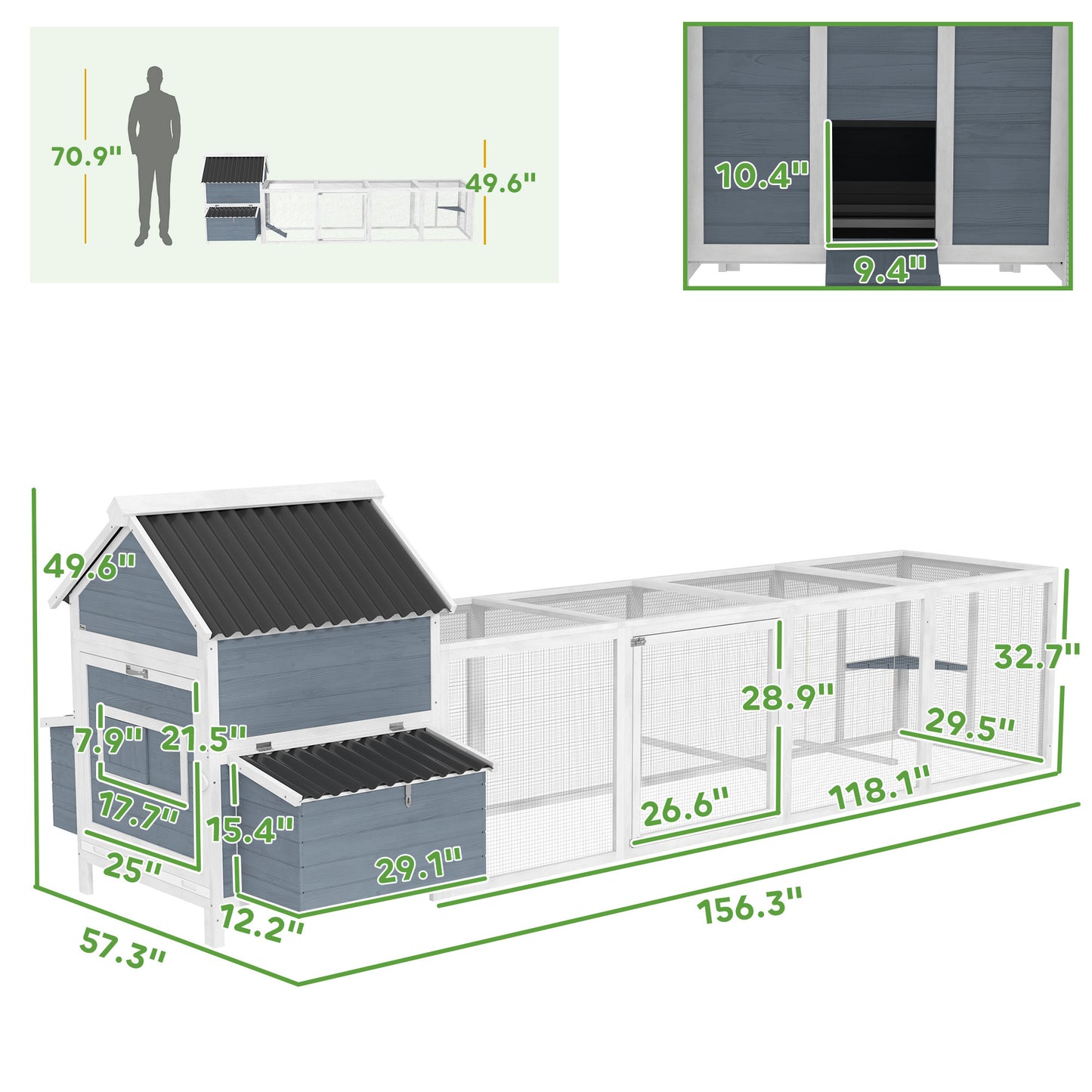 Extra Large Wooden Chicken Coop With 2 Nesting Box, Run Cage, Waterproof Wave Roof, For 10-15 Chickens, Light Gray