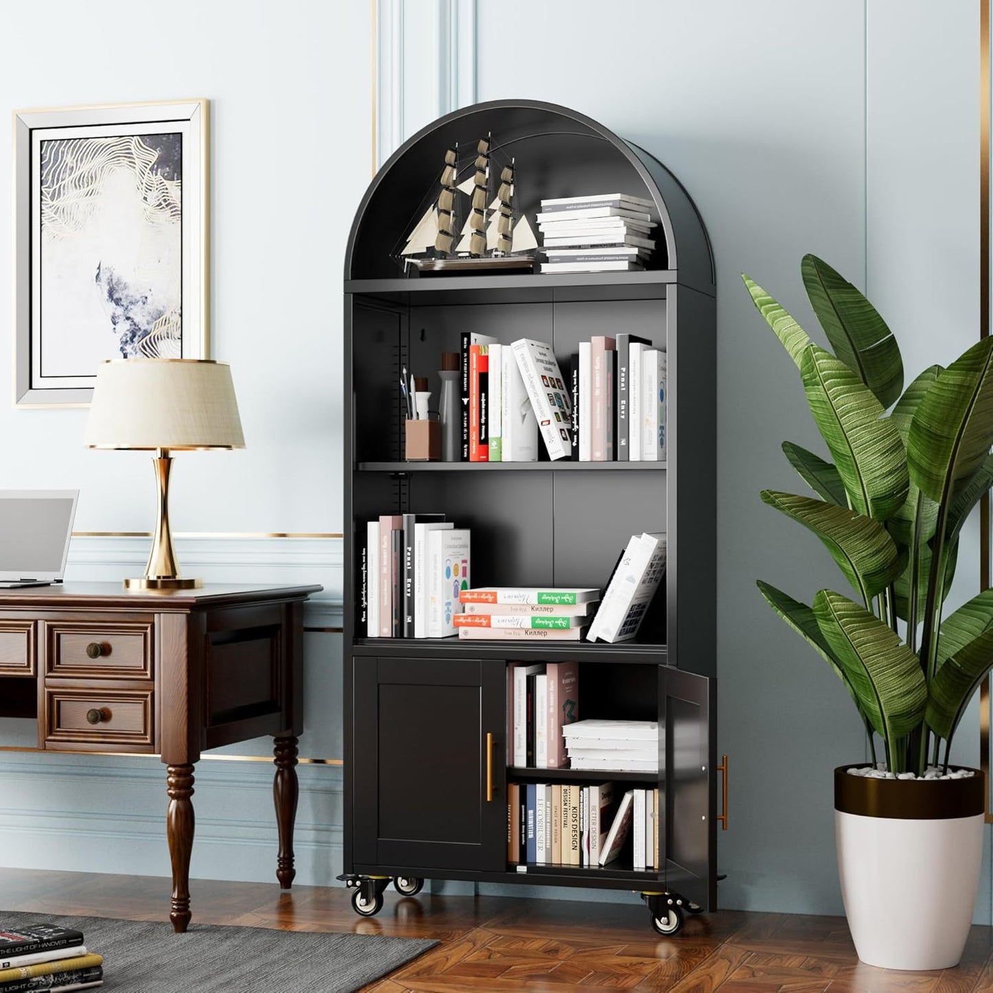 Metal Arched Bookcase With Wheels