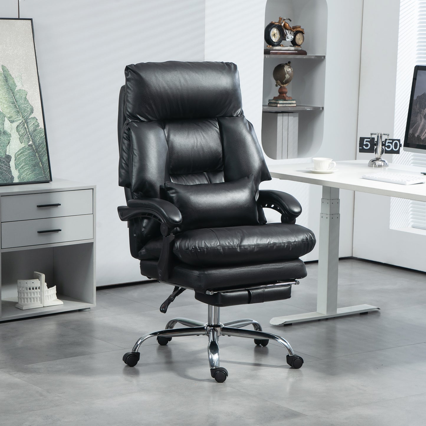 High Back Desk Chair With Foot Rest, Reclining PU Leather Computer Chair