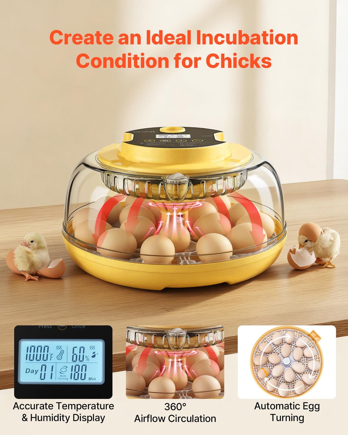 18 Egg Incubator, Automatic Egg Turner With LED Candler, Temperature & Humidity Control,
