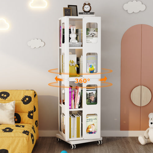 4-Tier All-Steel Rotating Bookshelf With 360  Wheels, Large Size Sturdy   Spacious Book Rack, New Style White Bookshelf,Easy Assembly