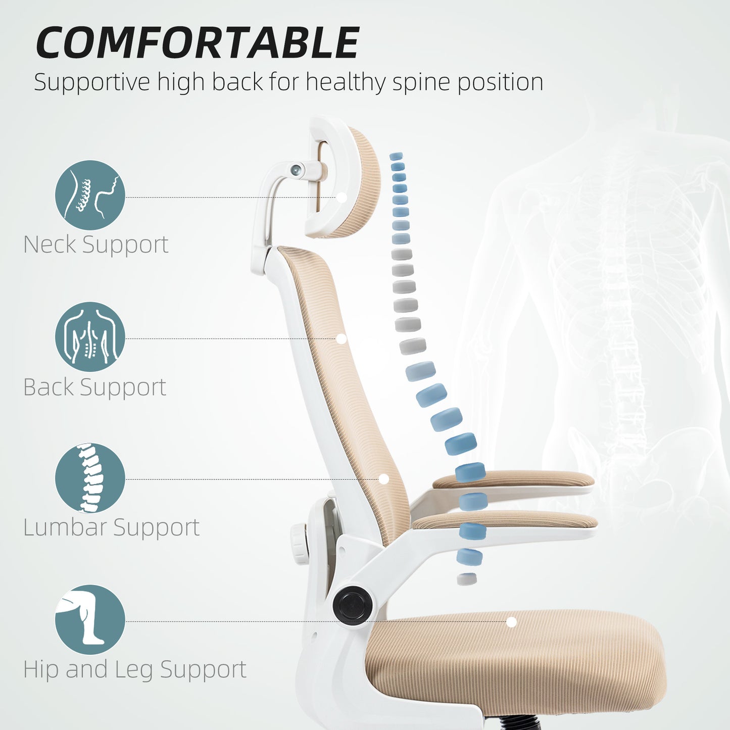 Ergonomic Desk Chair With Flip-up Armrest, Rotatable Headrest, Adjustable Lumbar Support, Khaki