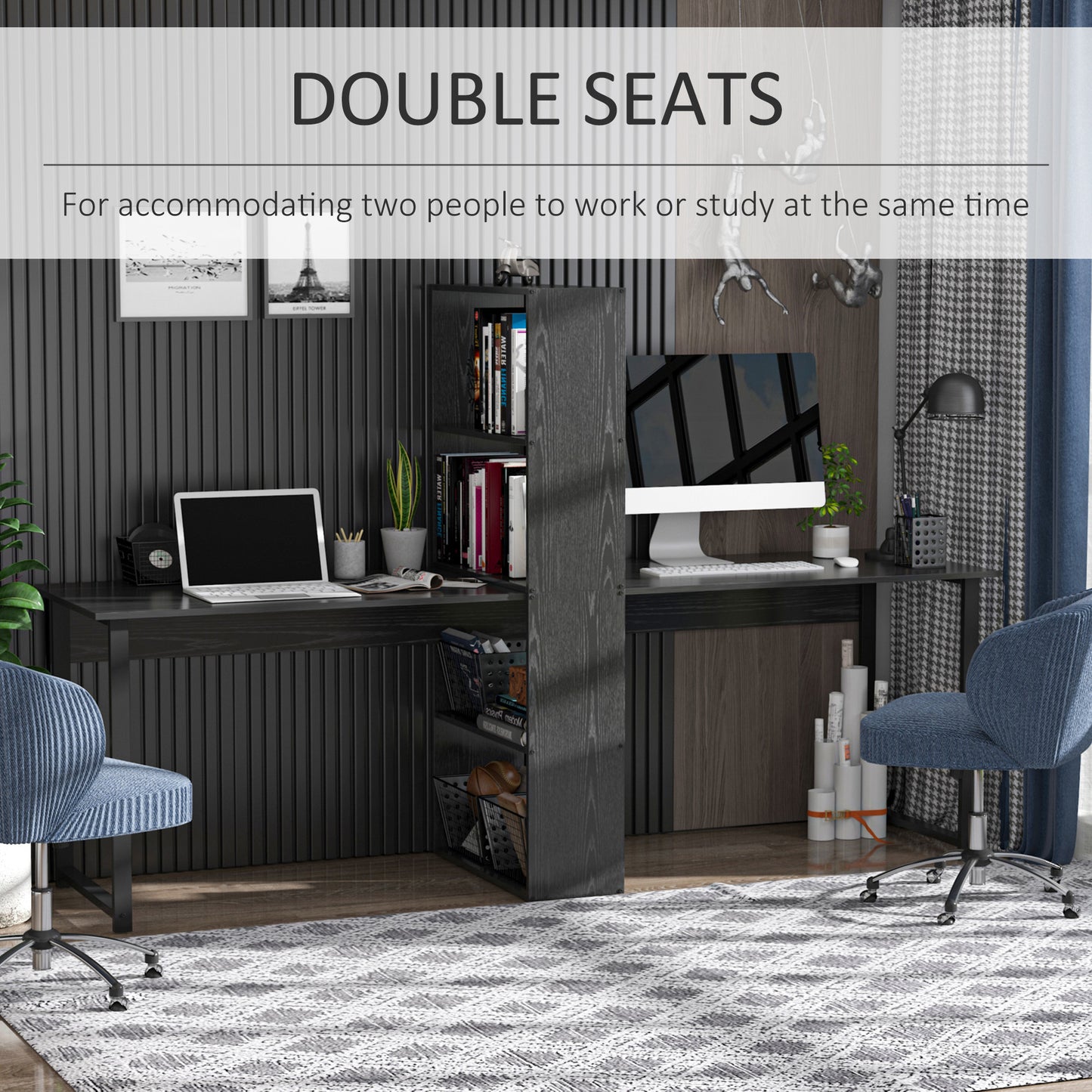 Extra Long 2-Person Desk With Bookshelf