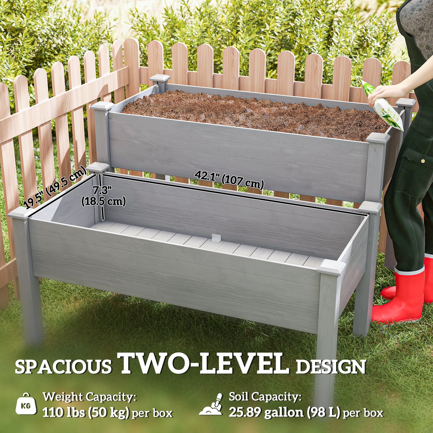 2 Tier Raised Garden Bed, Wooden Elevated Planter Box with Legs, Outdoor Plant Bed for Flowers Vegetables Herbs Gray