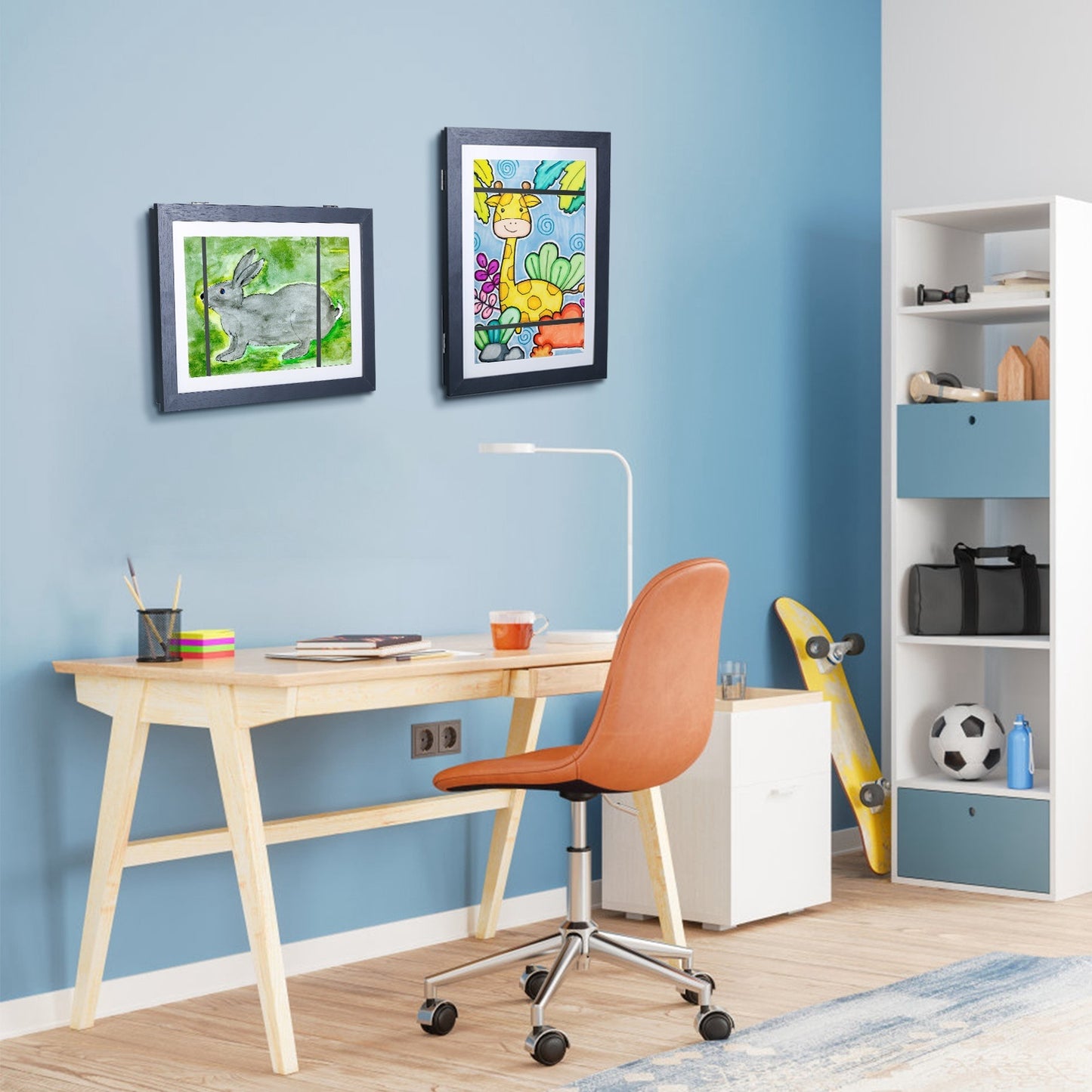 Kids Art Frame Front Opening Wooden Frame Artwork Display Storage