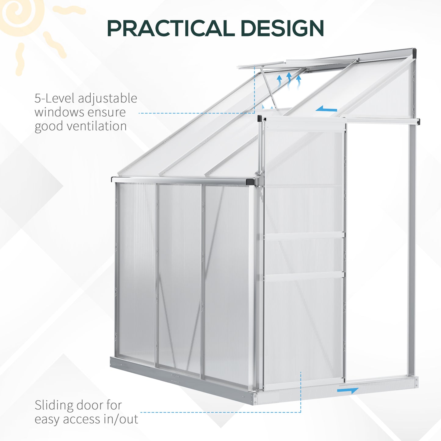 6' x 4' Lean-to Greenhouse Polycarbonate Walk-in Garden Greenhouse with Adjustable Roof Vent