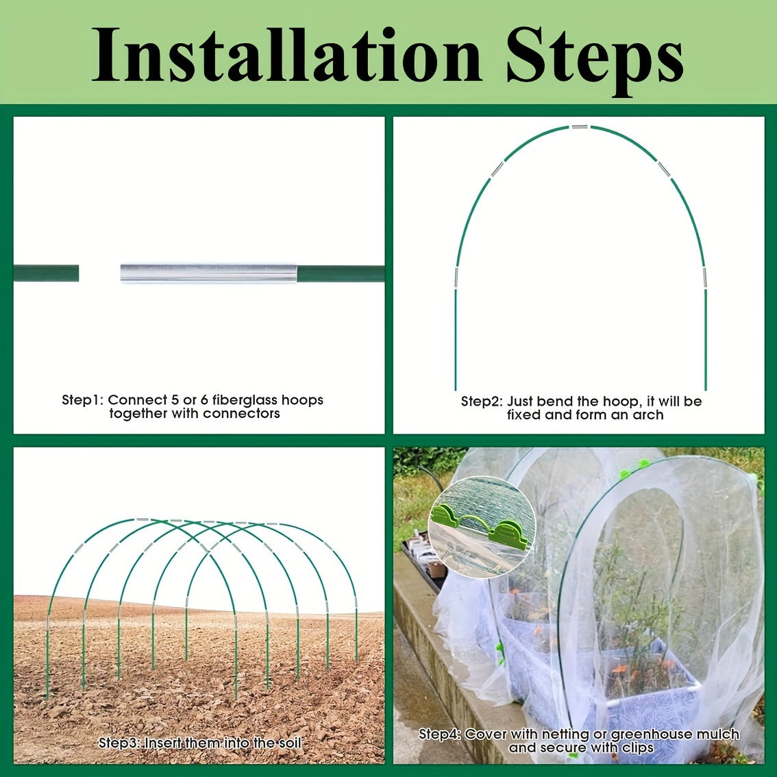 Garden Hoops Stainless Steel Fiberglass Support Hoop Frame Net Greenhouse Kit