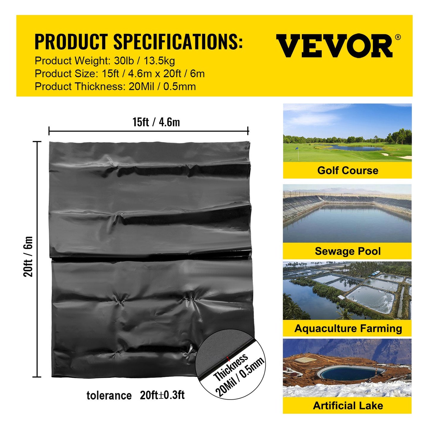 VEVOR LLDPE Pond Liner 15x20 Ft, Pond Liner Fish and Duck Ponds