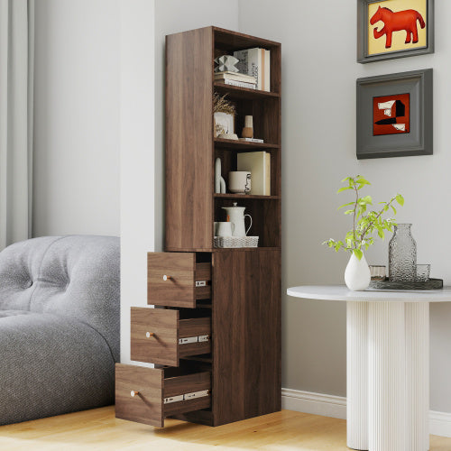-Tier Shelf, 3 Side Drawers , Modern Wooden Tall Bookshelf Bookcase