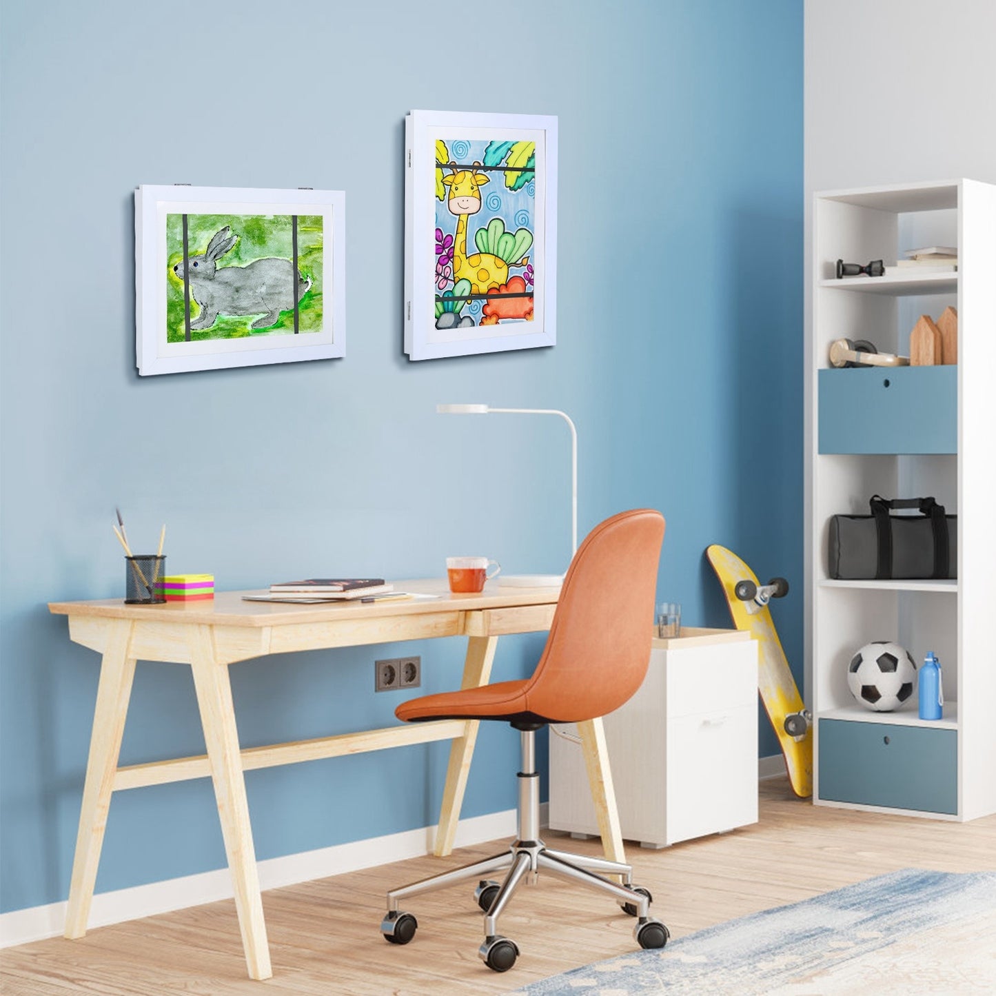 Kids Art Frame Front Opening Wooden Frame Artwork Display Storage