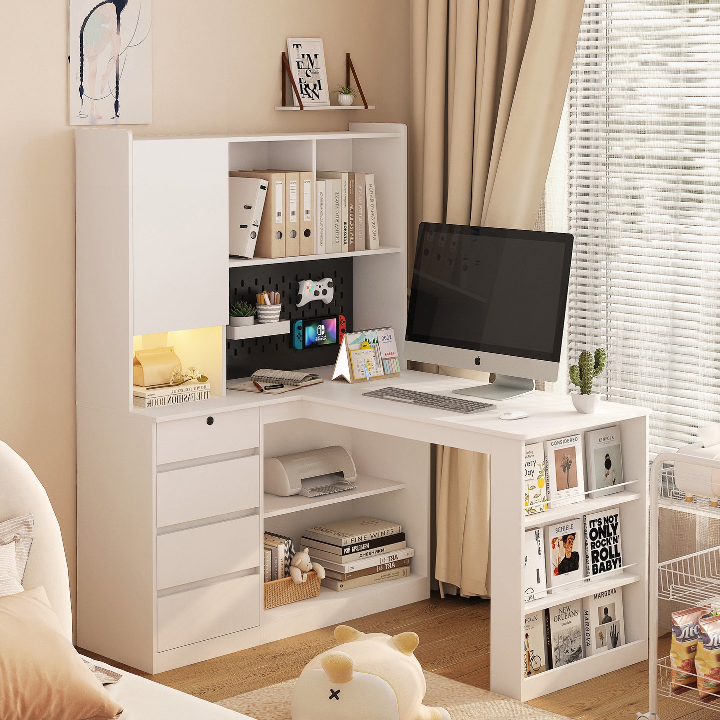 L Shaped Desk With Charger, Computer Desk With Drawers, Bookshelf, with LED Light,