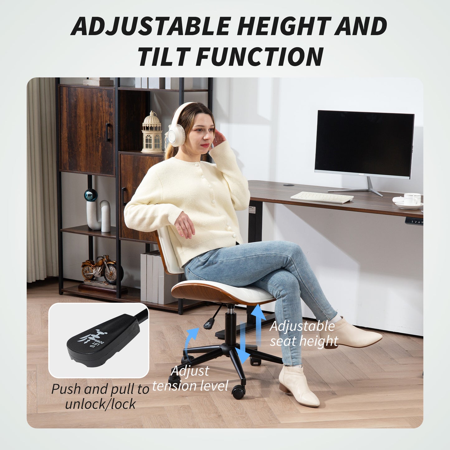 Leather Desk Chair With Adjustable Height, 360 Swivel