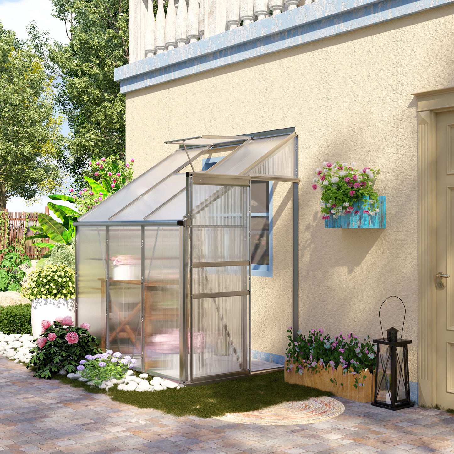 6' x 4' Lean-to Greenhouse Polycarbonate Walk-in Garden Greenhouse with Adjustable Roof Vent
