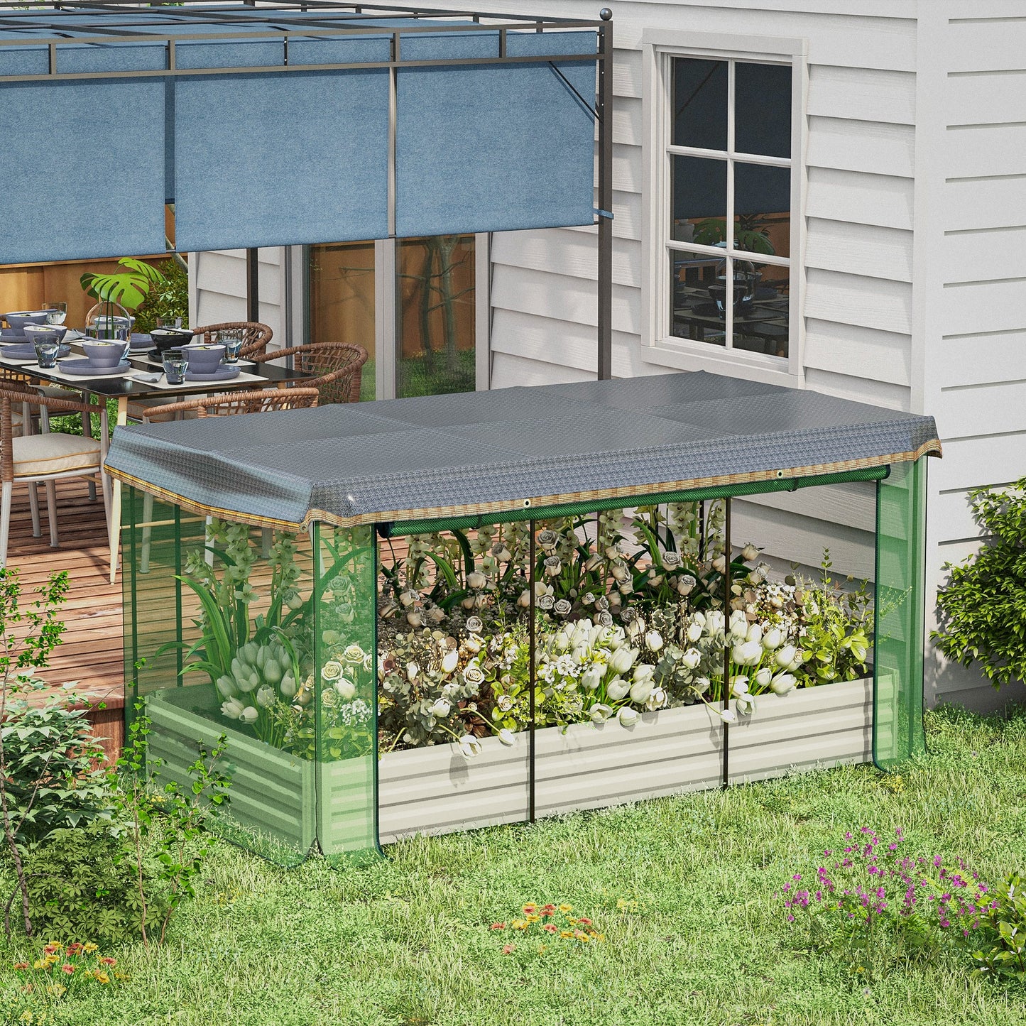 Galvanized Steel Planter Box with Crop Cage and Shade Cloth, Raised Garden Bed