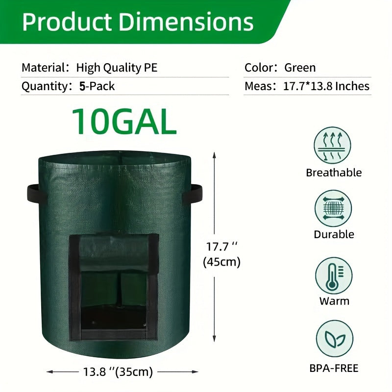 5 Packs, 10 Gallon Breathable Fabric Grow Bags- Aeration Potato Planters with Access Flap, Sturdy Handles, and Lightweight Design