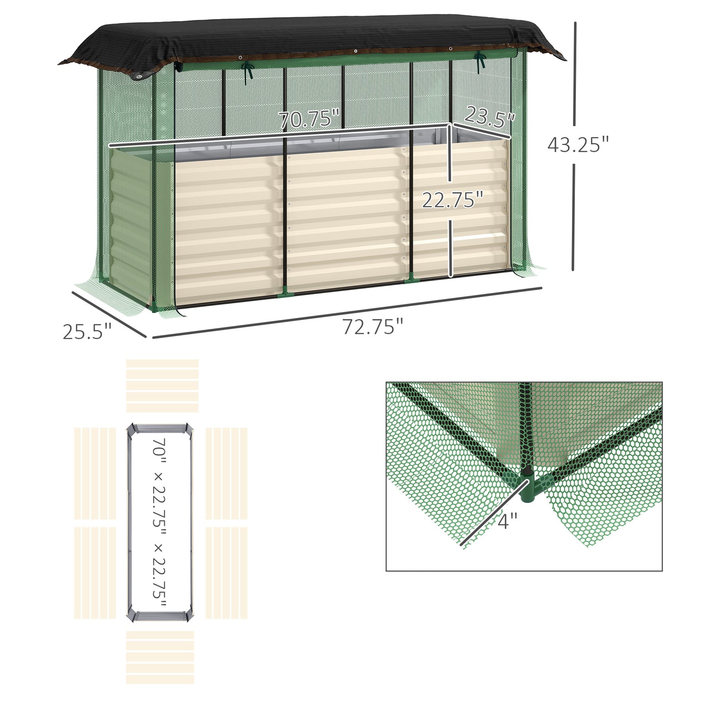 Galvanized Steel Planter Box with Crop Cage and Shade Cloth, Raised Garden Bed