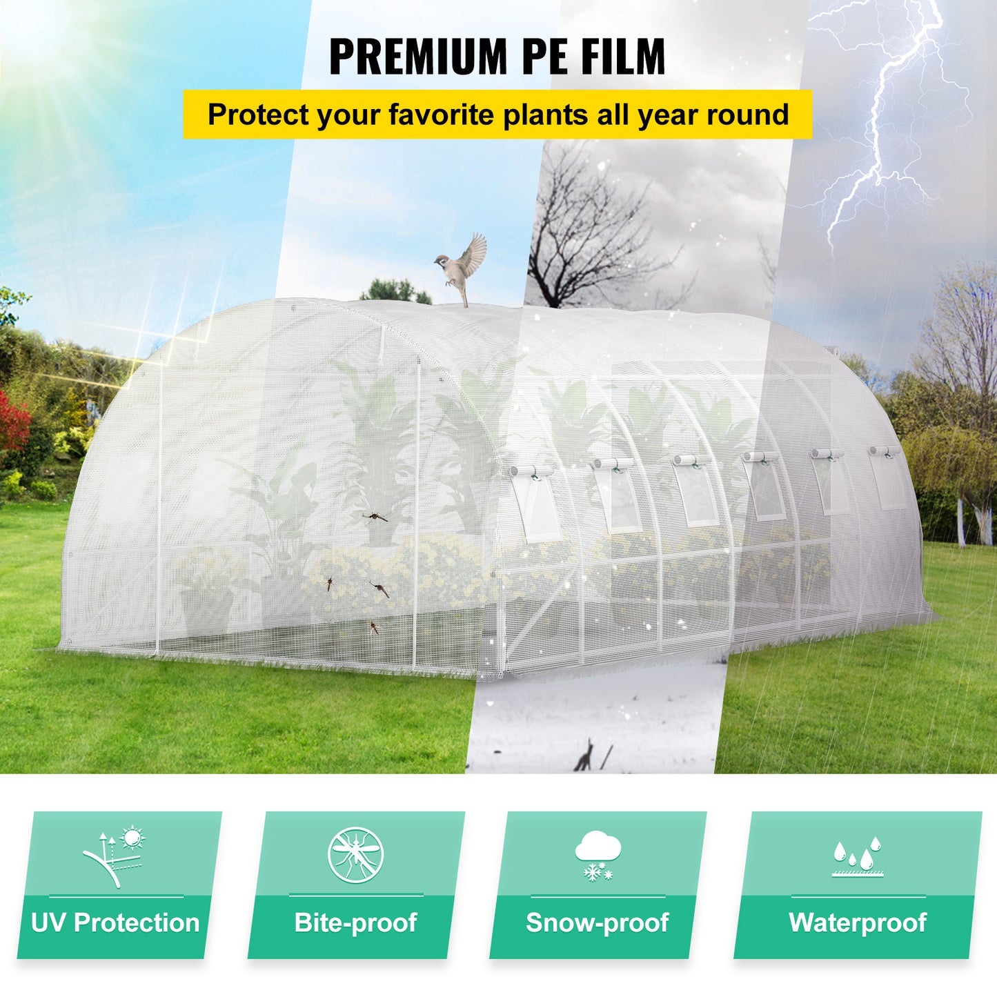 VEVOR Walk-in Tunnel Greenhouse, 20 X 10 X 7 Ft Portable Plant Hot House W Galvanized Steel Hoops, White