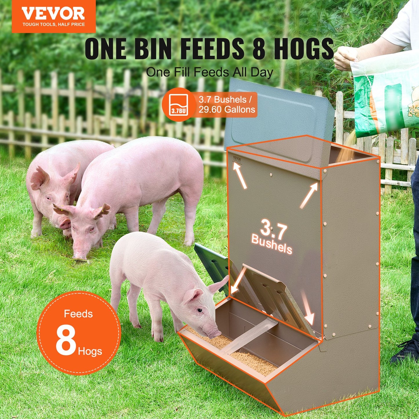 Hog Feeder, 3.7 Bushel Capacity, Double Door Pig Feeder