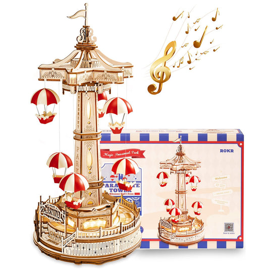 Robotime Rokr Parachute Tower DIY Music Box Building Block Amusement Park Series