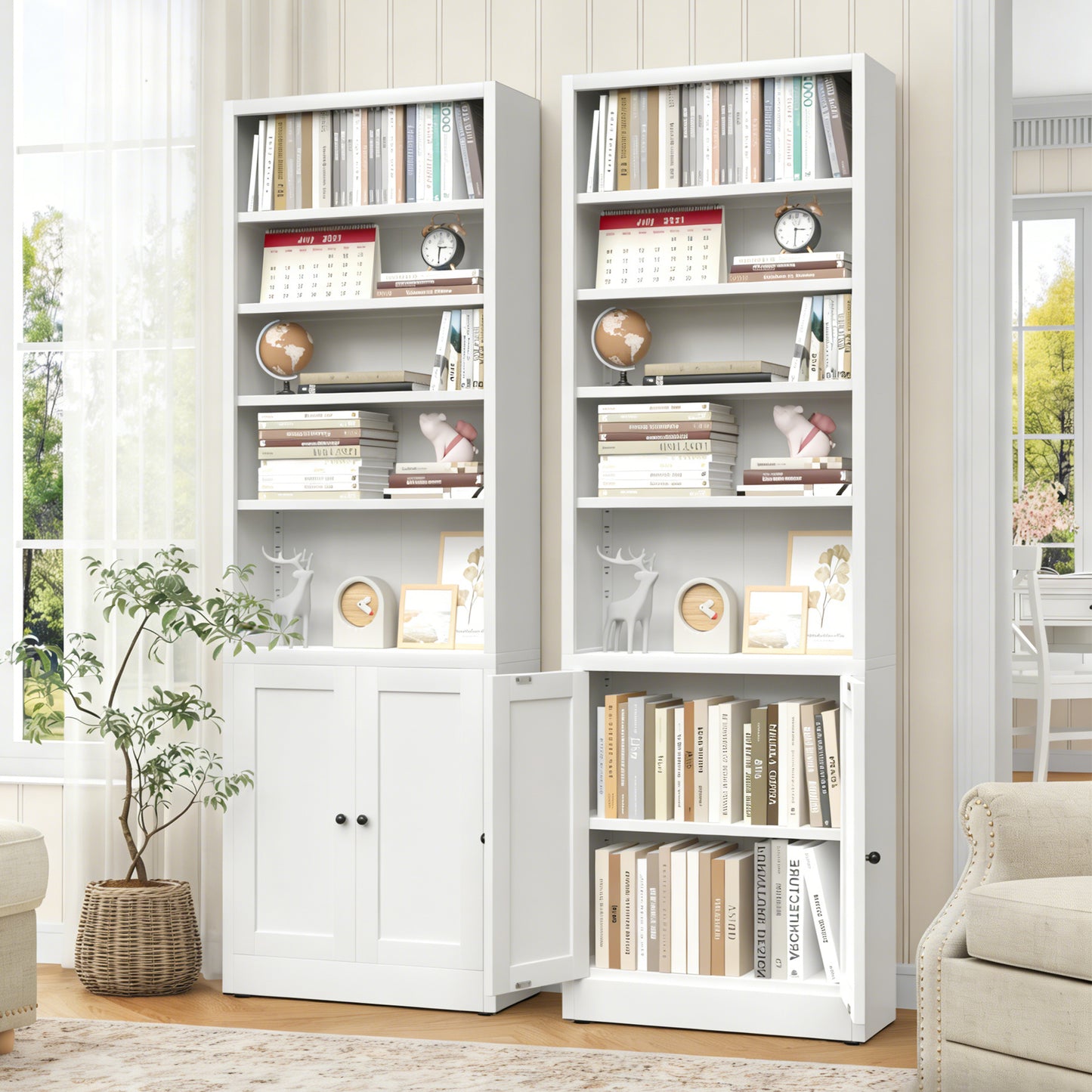 Metal Bookcase, 71 Inch Tall 5-Tier Bookshelf With Door,