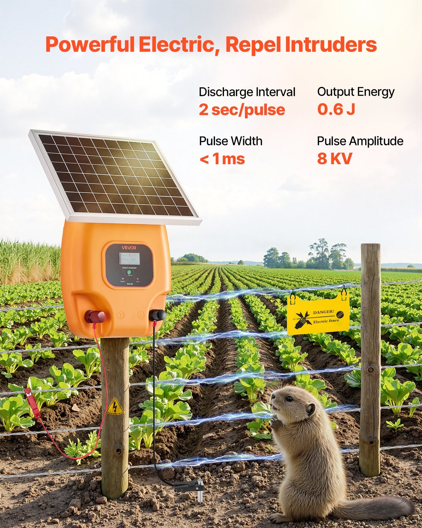 Solar Fence Charger,  0.6J 8kV Solar Powered Fence Charger, 1.86 Miles Range, Electric Fence Energizer Kit