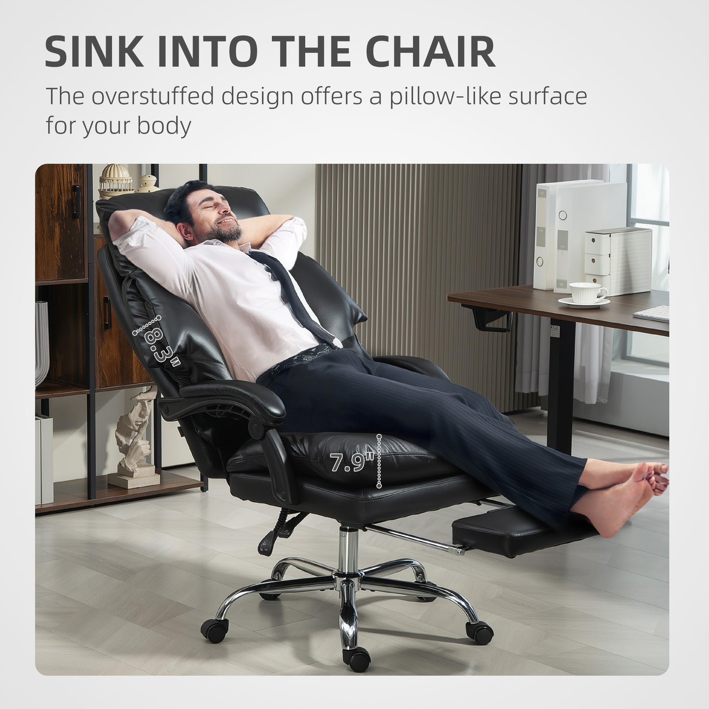 High Back Desk Chair With Foot Rest, Reclining PU Leather Computer Chair