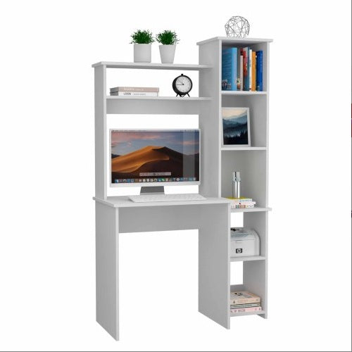 White 6-Shelf Writing Desk With Built-in Bookcase