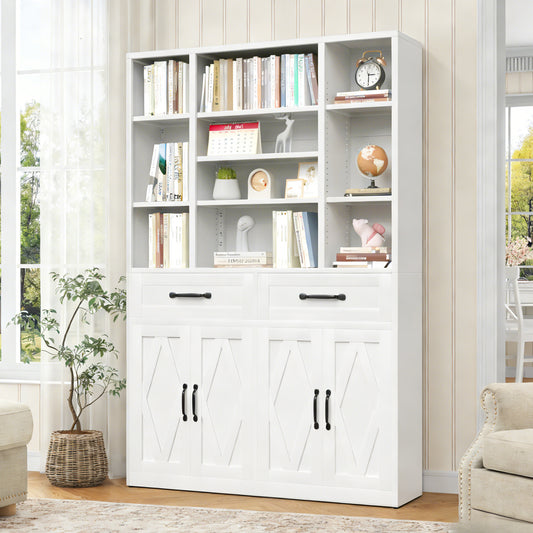 71  Tall Bookcase With Doors, Drawers & Adjustable Open Shelves,